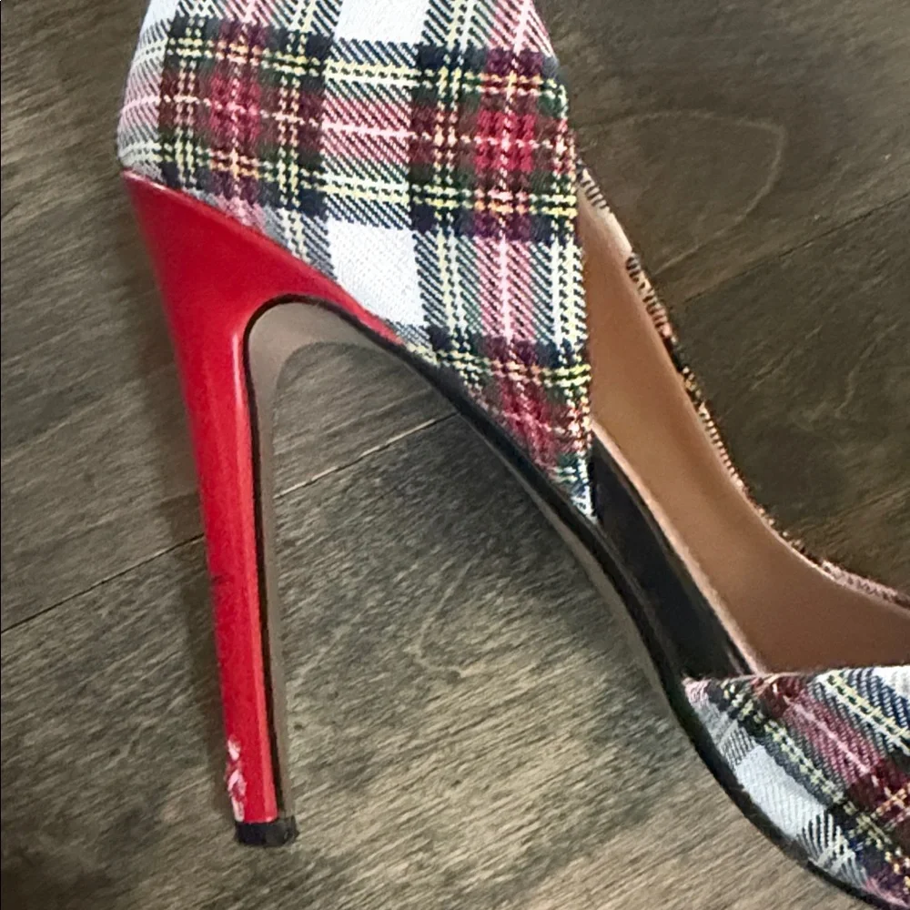 Betsey Johnson Plaid Heels with Black Bow and Red Heel - Picture 5 of 7